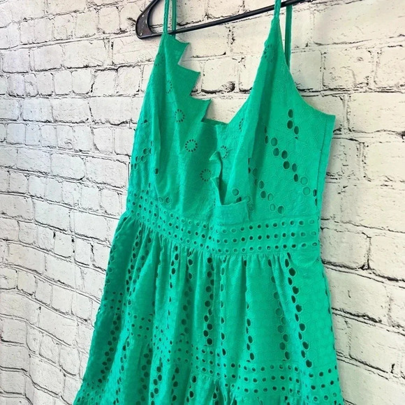 Kobi Halperin Green Eyelet Tiered Midi Cotton Dress V-Neck‎ Sleeveless Medium - Picture 14 of 15